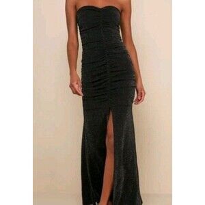 Lulus Womens Sz S Black Strapless Glitter Ruched Bodycon Maxi Evening Gown Dress